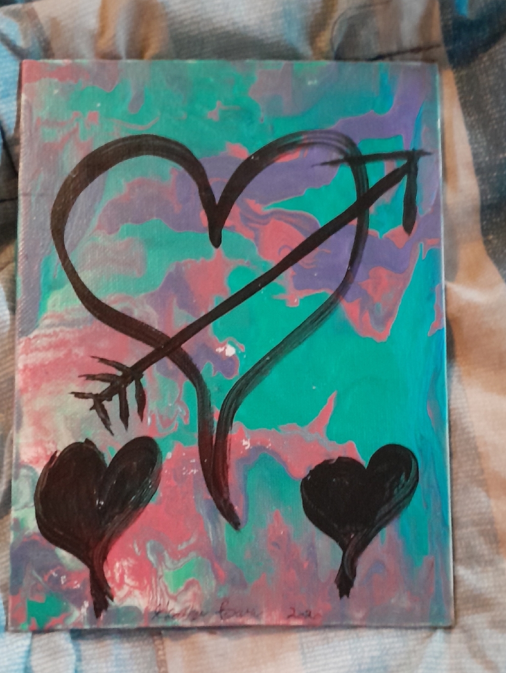 Hand-Painted Teal & Pink Heart Arrow Canvas Wall Art
